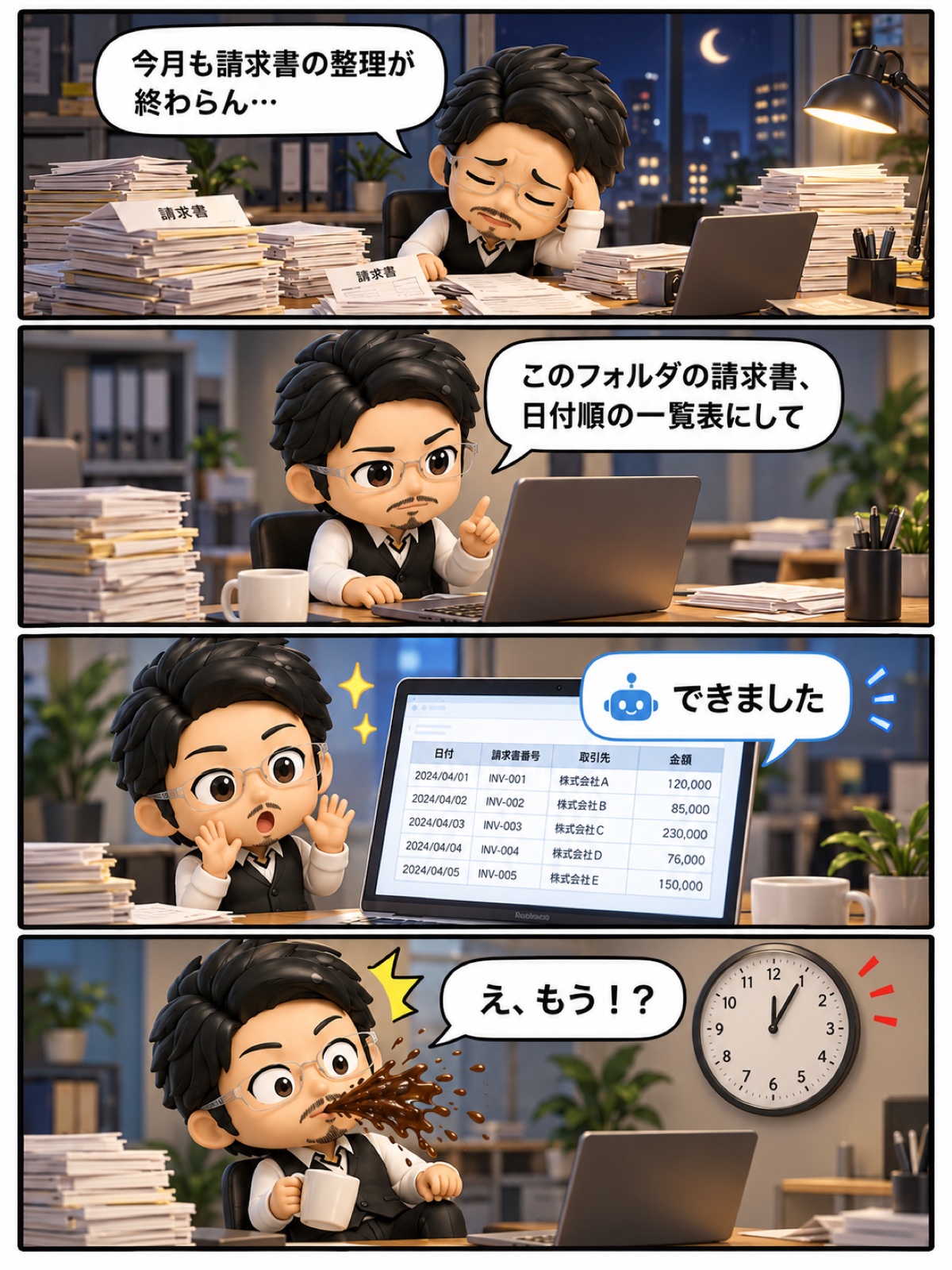 4コマ漫画：請求書の山に悩む社長がAIに「日付順の一覧表にして」と頼むと5分で完成し、コーヒーを吹いて驚く