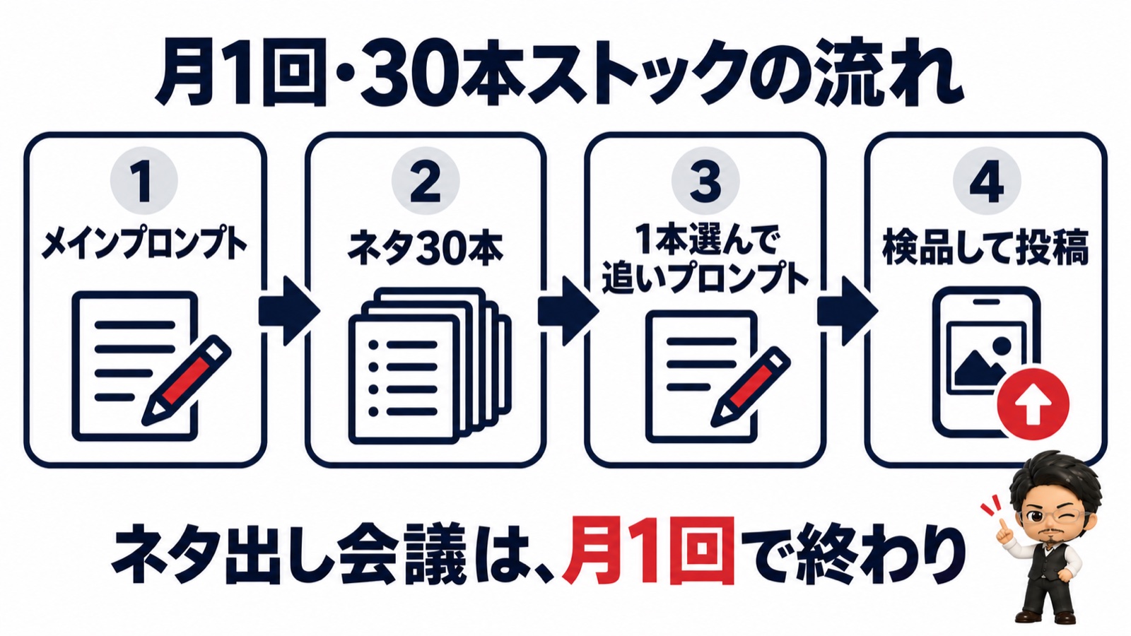 月1回で30本ストックする流れ図：メインプロンプト→ネタ30本→1本選んで追いプロンプト→検品して投稿