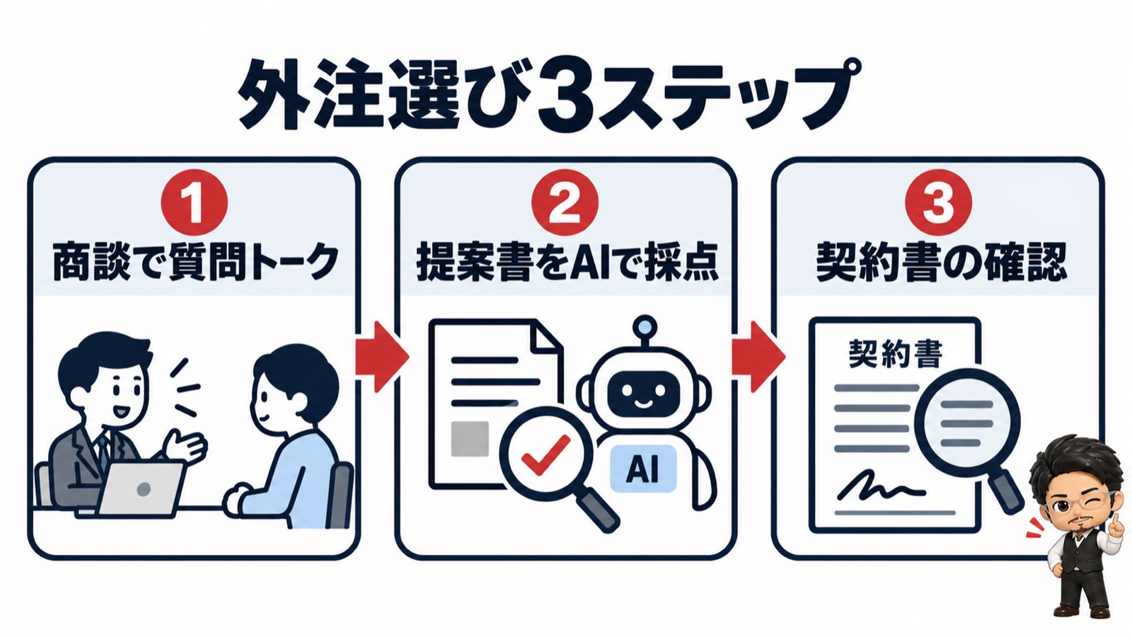 外注選び3ステップの図：商談で質問→提案書をAIで採点→契約書の確認