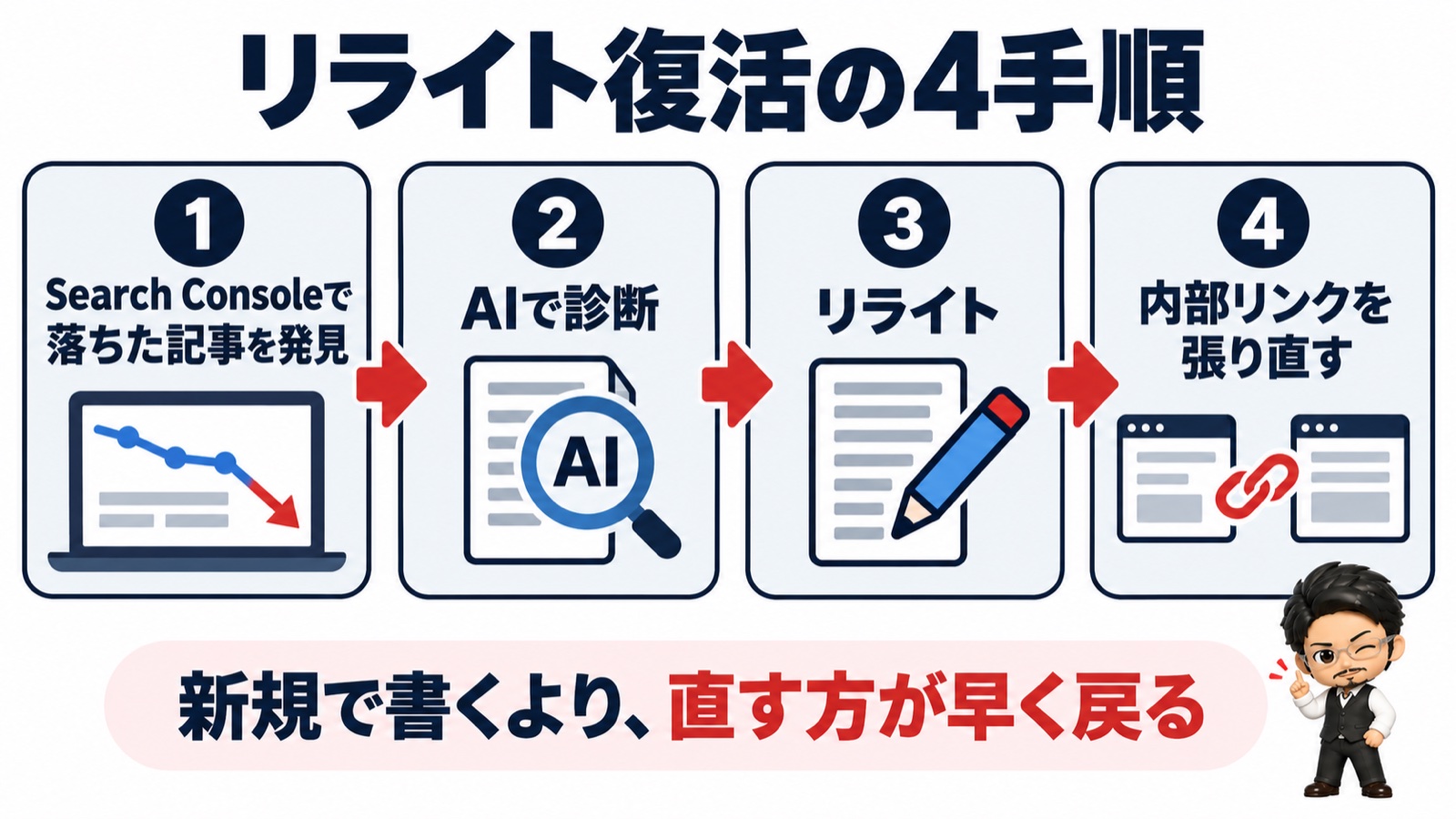 リライト復活の4手順図:Search Consoleで発見→AI診断→リライト→内部リンク張り直し