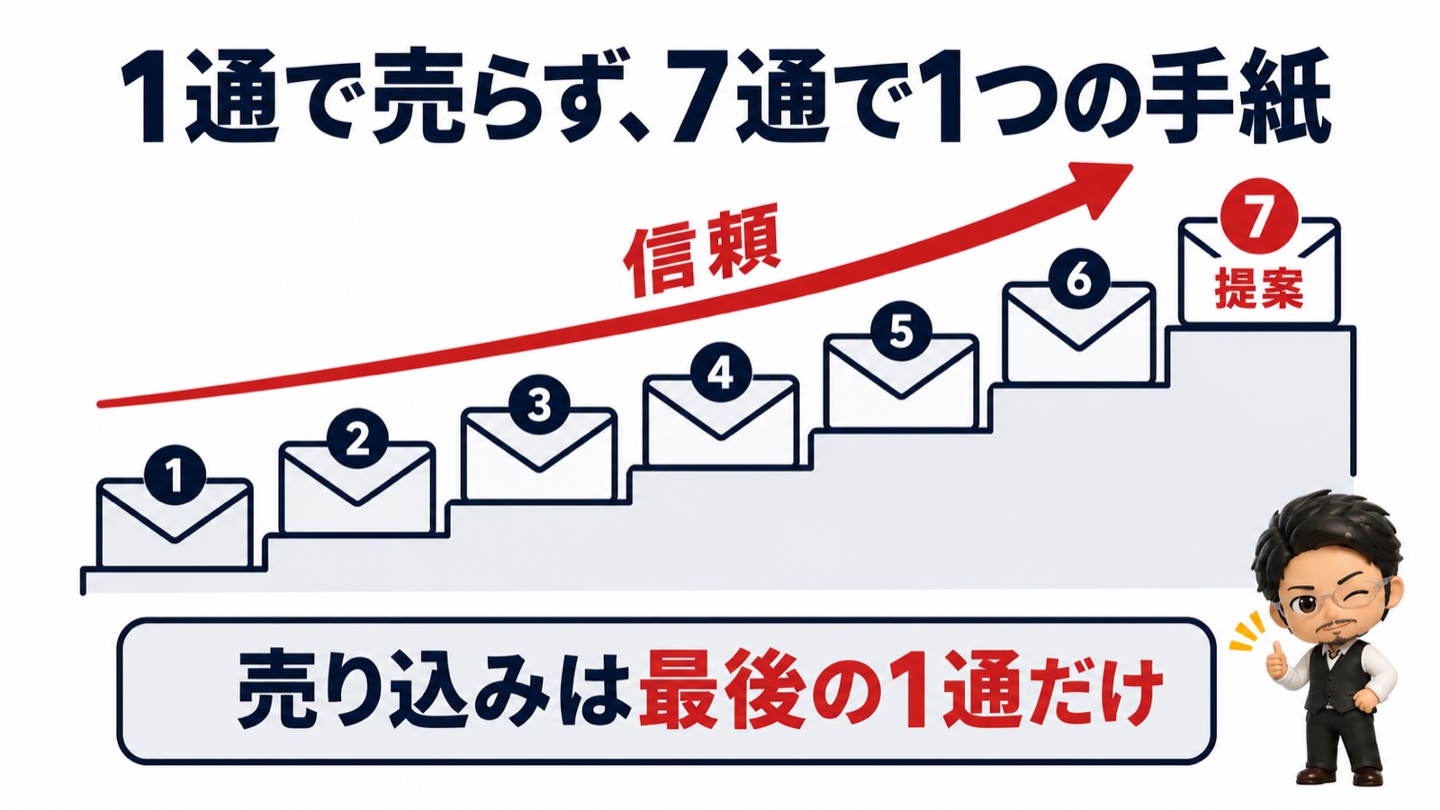 ステップメール7通の階段図：1通ずつ信頼を積み上げ、売り込みは最後の1通だけ
